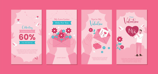 Fototapeta na wymiar Valentine's Day Story Templates Set with Frames, Flowers and Hearts. Vector illustration for a greeting card with a pink background.