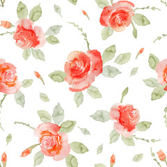 Watercolor scarlet roses with leaves seamless pattern. Hand drawn delicate flowers endless background for fabric and wallpaper.