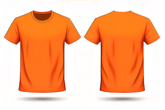 Orange t-shirt mock up, front and back view, isolated. Plain orange shirt mockup. Tshirt design template. Blank tee for print