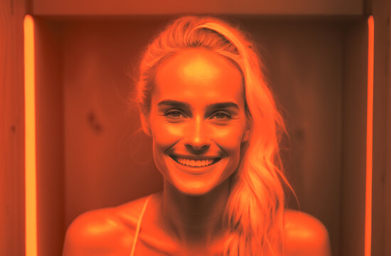 Smiling happy woman in an infrared sauna sitting down, self-care concept. Illustration created with generative AI tools.