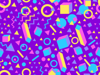 Geometric seamless pattern with 3d shapes in 80s memphis style. Isometric 3D geometric shapes in different colors. Design for printing on paper, banners and wallpapers. Vector illustration