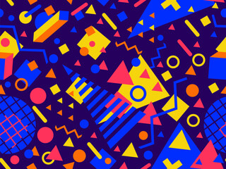 Geometric seamless pattern with 3d shapes in 80s memphis style. Isometric 3D geometric shapes in different colors. Design for printing on paper, banners and wallpapers. Vector illustration
