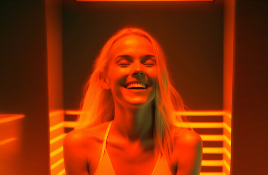 Smiling happy woman in an infrared sauna sitting down, self-care concept. Illustration created with generative AI tools.