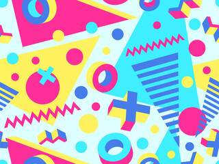 Geometric seamless pattern with 3d shapes in 80s memphis style. Isometric 3D geometric shapes in different colors. Design for printing on paper, banners and wallpapers. Vector illustration