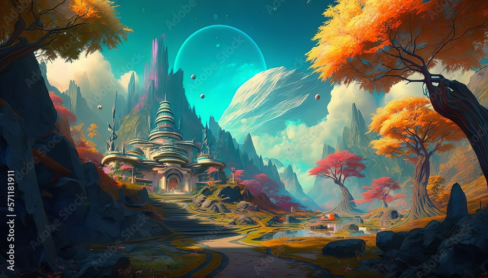 Wall mural beautiful fantasy kingdom planet background. generative ai technology.