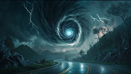 Tornado vortex thunder storm nature background. Danger hurricane disaster. Generative AI technology.
