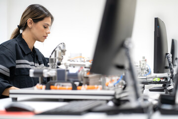 Computer science development engineer working on robotic arm connection and control at electronic futuristic technology center. Modern woman training in industry 4.0 automated engineering workshop