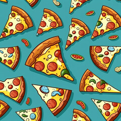 Seamless pattern with pizza slices, colorful background, bright. Generative AI illustration
