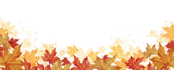 Autumn background. Watercolor maple leaves border. Leaf fall horizontal banner. Thanksgiving and Harvest Day.  - obrazy, fototapety, plakaty
