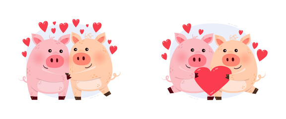 Cute and funny pigs in love. Collection of animal characters with hearts. Design for for invitation, cards, poster. Vector illustration