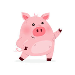 Dancing pig on a white background. Design of a cute animal character. Vector illustration