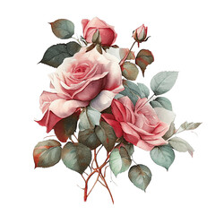 Watercolor floral bouquet composition with roses, png transparent background, generative ai.