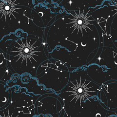 Seamless magic pattern with sun, moon, clouds, stars. Vector elements on dark background. Cosmos print.