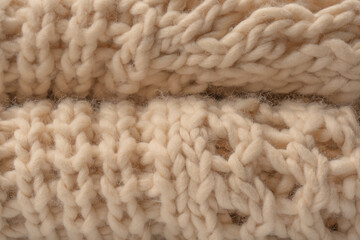 A fragment of beige knitted fabric, knitted from white sheep wool.