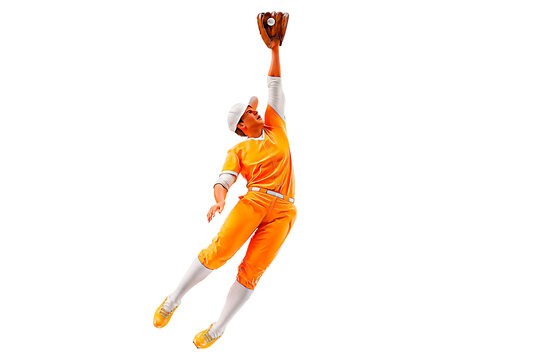 Realistic silhouette of a baseball player on white background. Baseball player batter hits the ball.