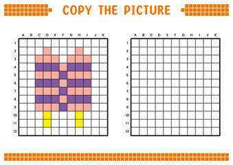 Copy the picture, complete the grid image. Educational worksheets drawing with squares, coloring areas. Preschool activities, children's games. Pixel cartoon, vector illustration. Double ice cream.