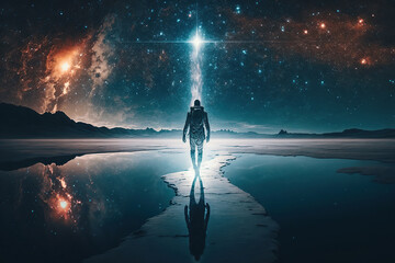 Astronaut walking towards the horizon with a starry sky on a dream planet. Generative AI