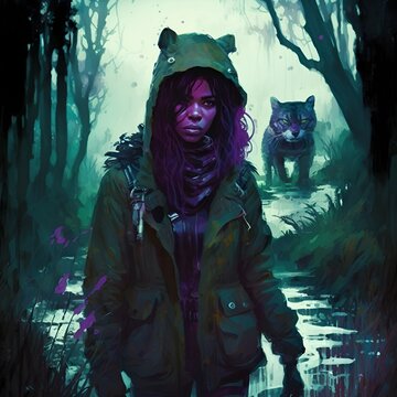 А woman in a jacket and hood in the forest in the company of a big cat walking boldly