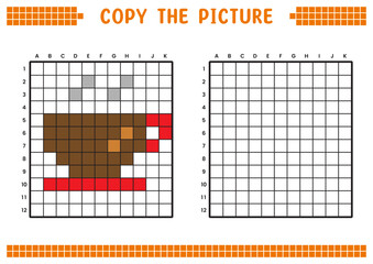 Fototapeta premium Copy the picture, complete the grid image. Educational worksheets drawing with squares, coloring areas. Preschool activities, children's games. Cartoon vector illustration, pixel art. Cup and coffee.