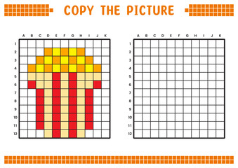 Copy the picture, complete the grid image. Educational worksheets drawing with squares, coloring cell areas. Preschool activities, children's games. Cartoon vector illustration, pixel art. Popcorn.