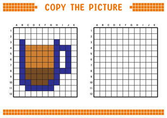 Copy the picture, complete the grid image. Educational worksheets drawing with squares, coloring areas. Preschool activities, children's games. Cartoon vector illustration, pixel art. Chocolate drink.
