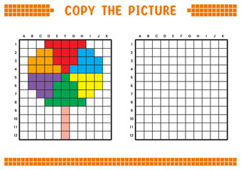 Copy the picture, complete the grid image. Educational worksheets drawing with squares, coloring areas. Preschool activities, children's games. Cartoon vector illustration, pixel art. Colorful candy.