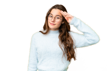 Teenager girl over isolated chroma key background saluting with hand with happy expression