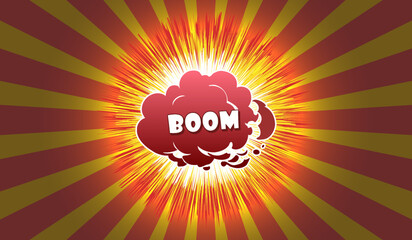 Vector colorful stylistic explosion, boom word. Radiant flame. White yellow red rays.