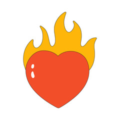 Stylish icon of a red heart on fire. Modern print for Valentine's day. Vector illustration of a cartoon heart isolated on a white background.