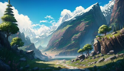 Mountain valley landscape background. Grass hill beautiful scenery. Generative AI technology.	
