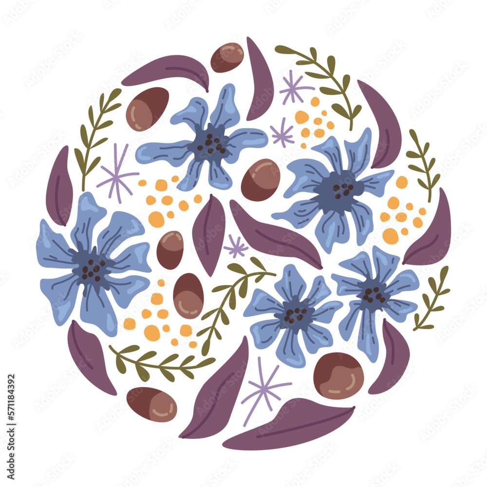 Poster abstract floral pattern in shape of circle. isolated blooming flowers with foliage and leaves, twigs