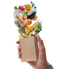 Customer holding a miniature grocery bag with assorted goods