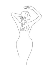  Silhouette of a woman washing her head under the shower, taking a shower, a woman in a bath. Made in lineart style