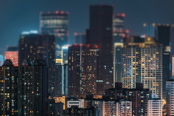 Fototapeta na wymiar Urban skyline at night aerial view with tilt-shift effect, Chengdu, Sichuan province, China