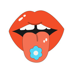 The icon of an open mouth with the tongue sticking out. Vector illustration of lips with a flower on the tongue isolated on a white background
