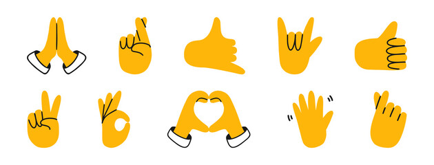 A large set of different gestures. emoji hands. Hello, thumbs up, heart gesture with hands, prayer, ok, rock, peace. Vector illustrations isolated on a white background