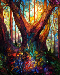 Forest of beautiful stained glass trees; trees made of stained glass. Generative AI