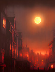 Fototapeta na wymiar Hell cityscape with a red moon. It's a dark and evil environment Generative AI
