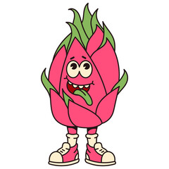 Retro cartoon fruit pitaya character. Modern illustration with cute comics characters. Hand drawn doodles of comic character. Trendy cartoon style. 70s-80s retro vibes.