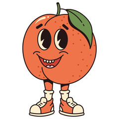 Retro cartoon fruit peach character. Modern illustration with cute comics characters. Hand drawn doodles of comic character.  Trendy cartoon style. 70s-80s retro vibes.