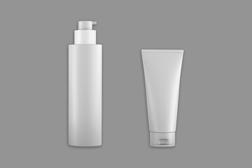 Blank white cosmetic tube and pump bottle mockup isolated on a grey background. 3d rendering.