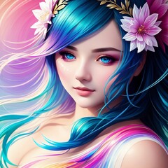 portrait of a beautiful girl in a stream of colors from a rainbow wave, body art, fantasy, generated in AI
