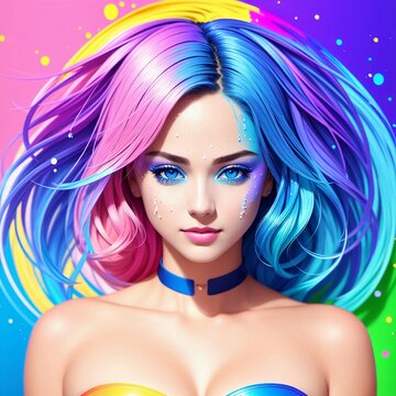 portrait of a beautiful girl in a stream of colors from a rainbow wave, body art, fantasy, generated in AI