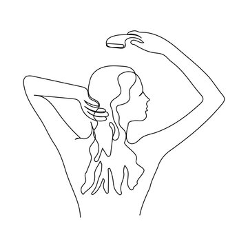 recommend clip art: Silhouette of a woman washing her head in the shower, taking a shower, a woman in a bathtub. Drawn in lineart style