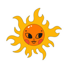 Vintage sun icon with a smile. Retro illustration of a cartoon sun in the style of the 60s-70s. Vector isolated on a white background