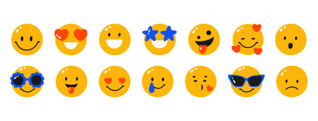 A set of yellow emoticons. Round faces with different emotions. Laughing, in love, sad, crying, surprised, cool. Vector illustration, all elements are isolated on a white background