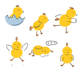 Set of happy yellow chicken chick in different yoga poses running, jumping, sleeping, standing, sitting in the blue shell. Flat, cartoon vector hand drawn illustrations. Sport, lifestyle, easter.