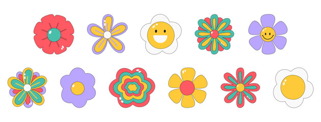 Large set of retro flowers 60s-70s. Smiling face. Collection of different flowers in a hippie style. Vector illustration isolated on a white background