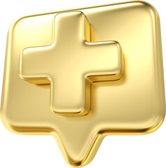 Obraz premium Gold plus with bubble sign icon. Cartoon icon of first aid and health care add minimal style. Medical drugs plus 3d symbol of emergency help. 3d rendering