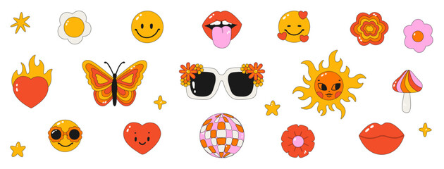 Retro clipart of the 60s - 70s. Vector illustrations in simple style. Stickers - Sun, disco ball, butterfly, flowers,mushroom, smiley face. Hippie psychedelic style. Isolated on background. 